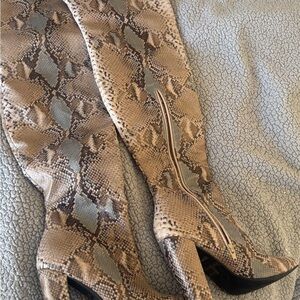 Fashion Nova Snake Print Over the Knee Boots - Tan and Gray